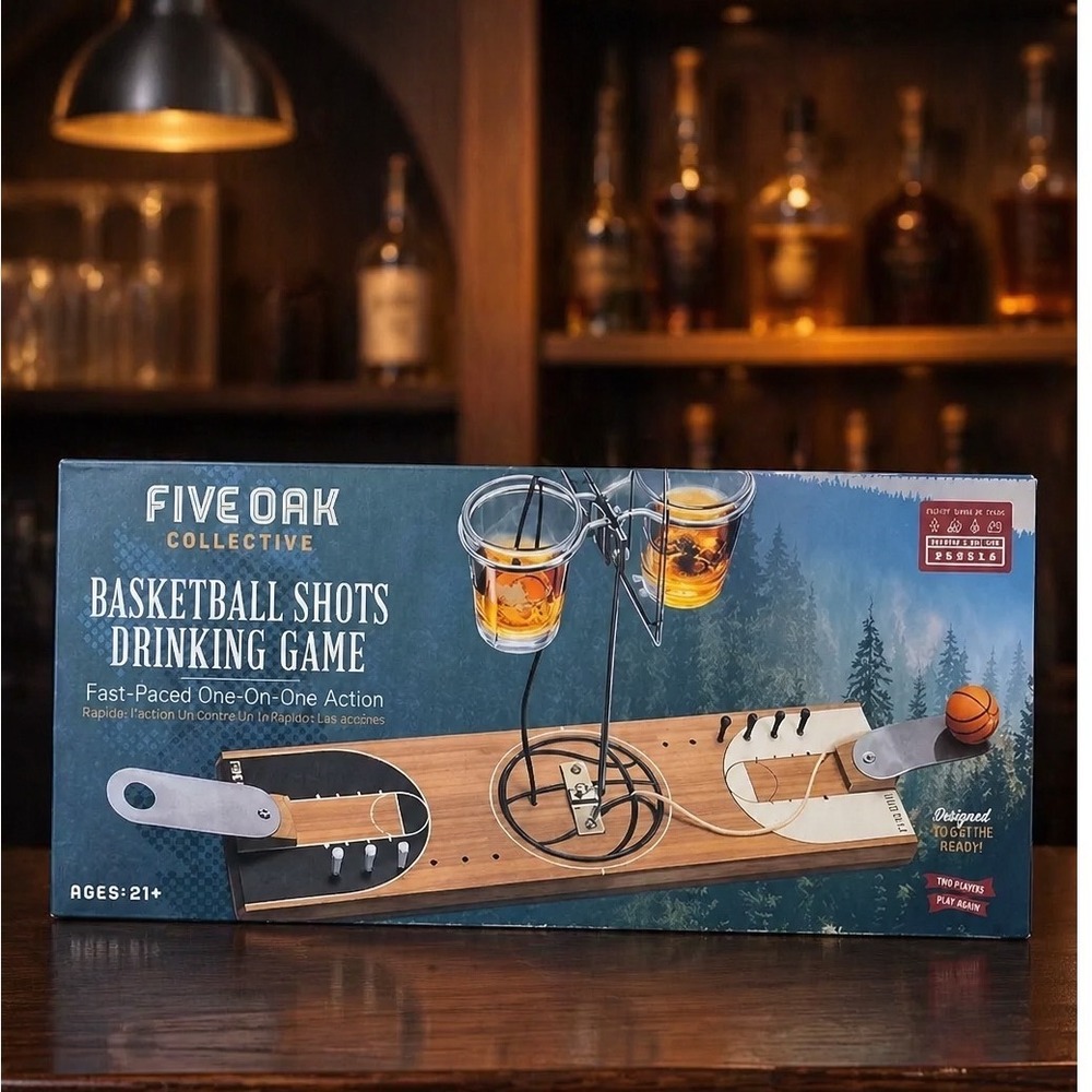 Five Oak Collective Basketball Shots Drinking Game Wooden Tabletop‎ Set New